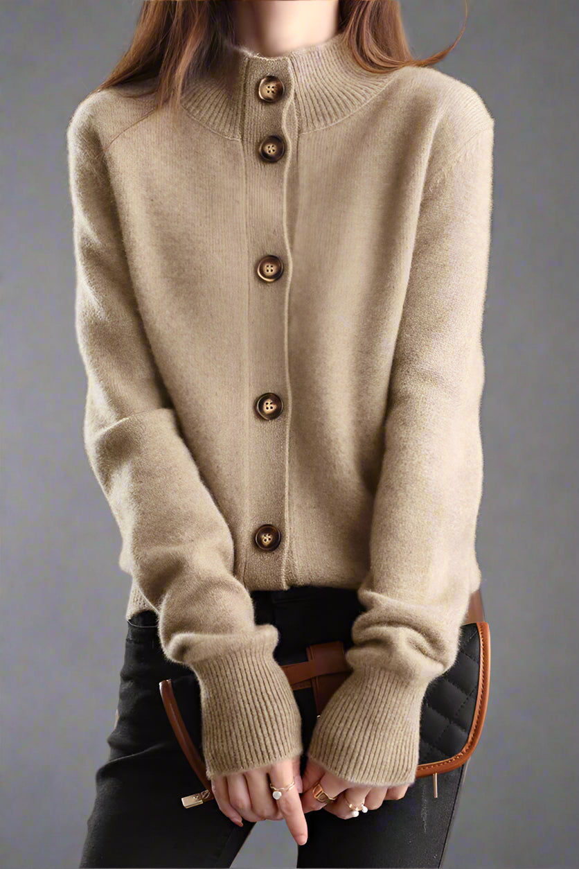 Women’s Button Cardigan – Soft Polyester Knit with Half-High Neck