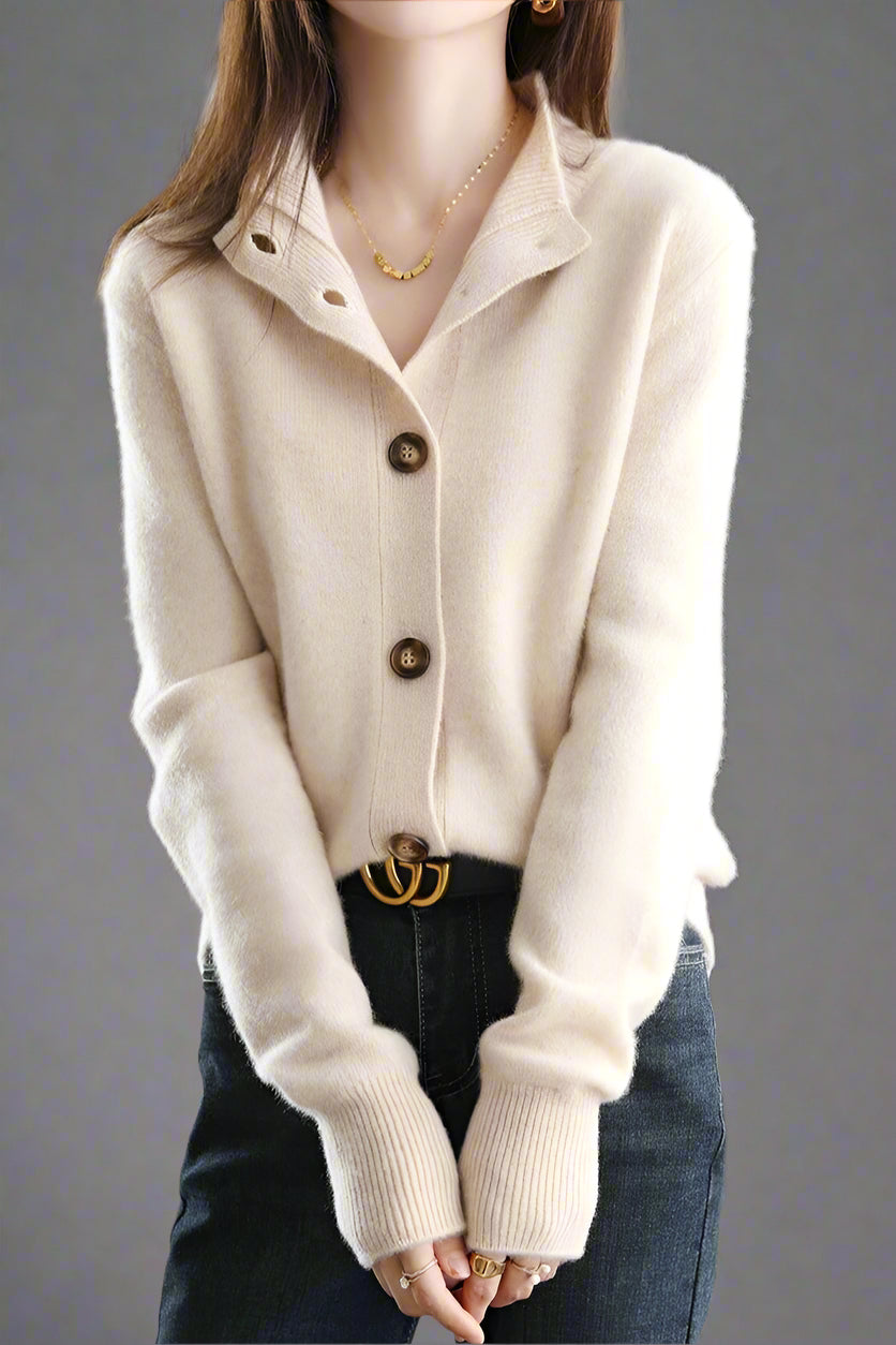 Women’s Button Cardigan – Soft Polyester Knit with Half-High Neck