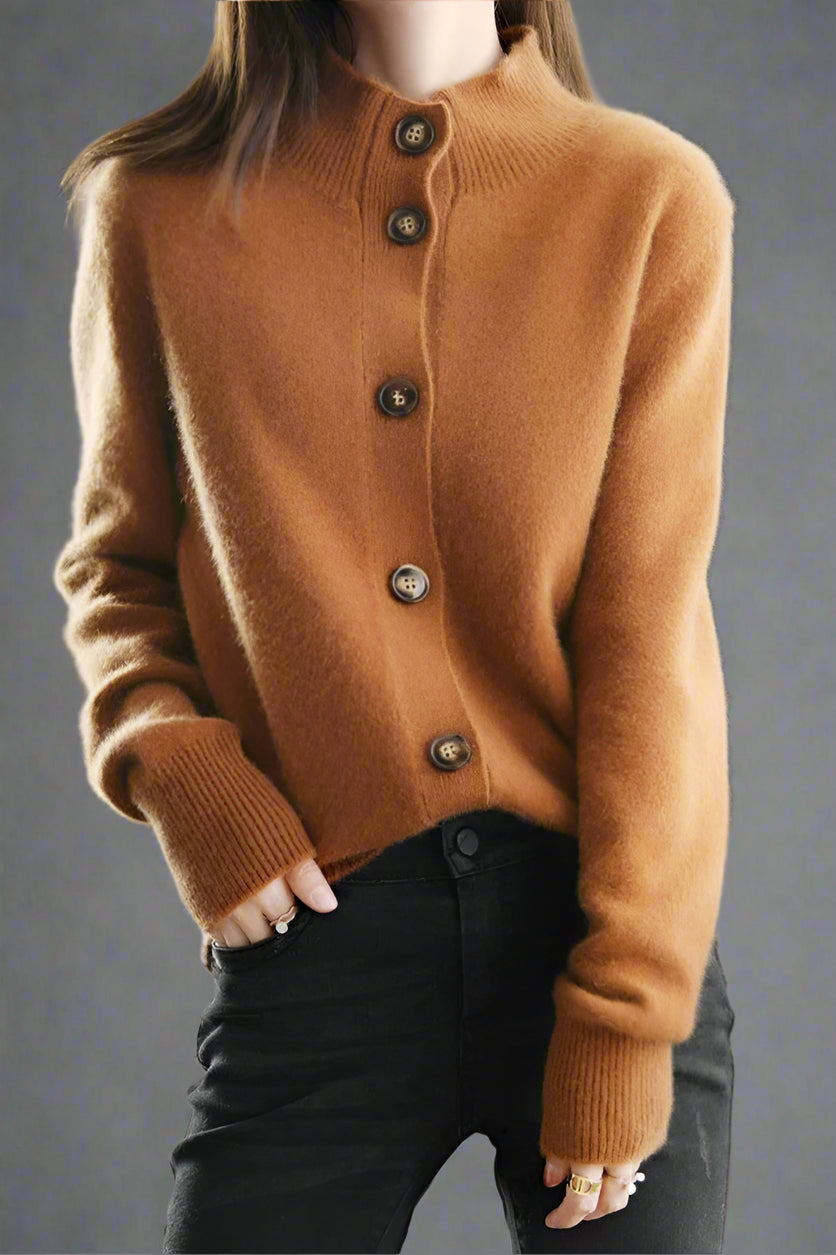 Women’s Button Cardigan – Soft Polyester Knit with Half-High Neck