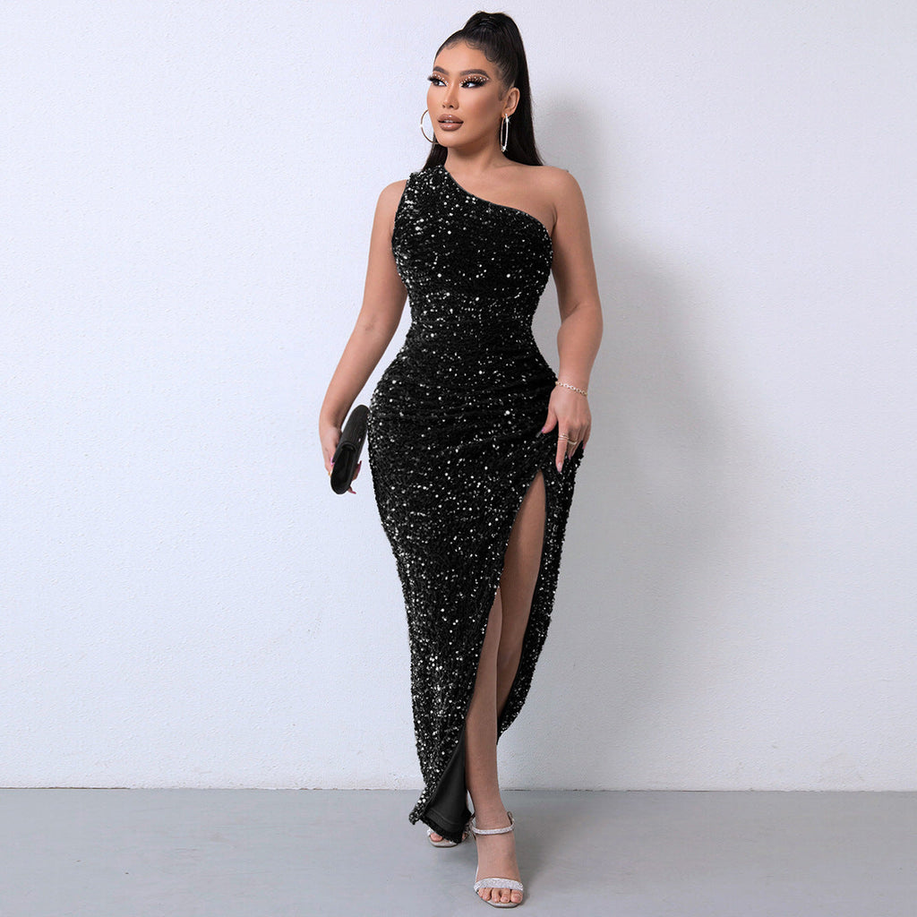 Stylish One-Shoulder Sequin Gown with Dramatic High Slit