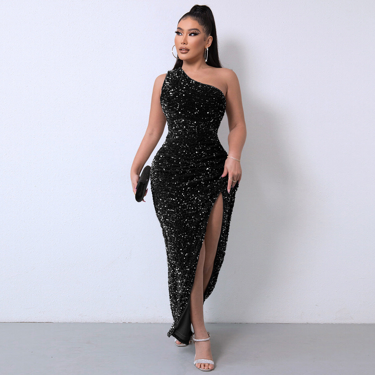Stylish One-Shoulder Sequin Gown with Dramatic High Slit