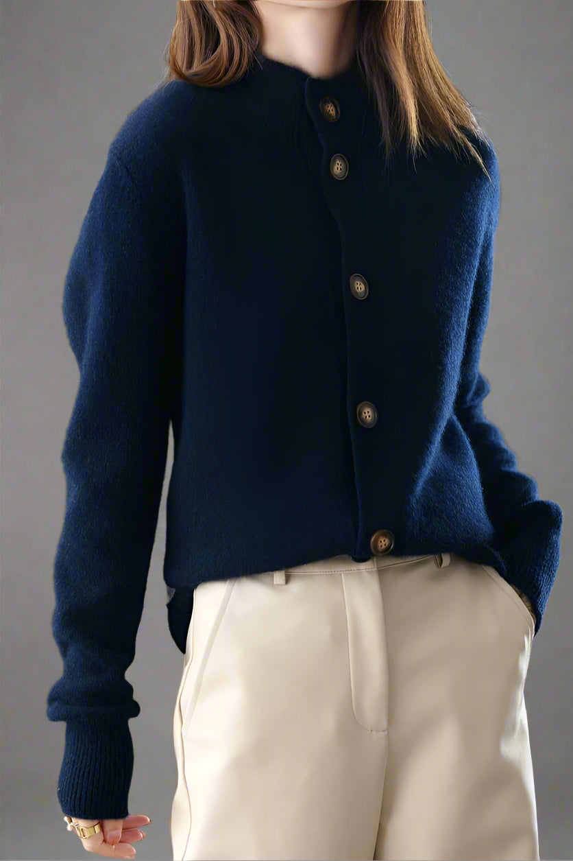 Women’s Button Cardigan – Soft Polyester Knit with Half-High Neck