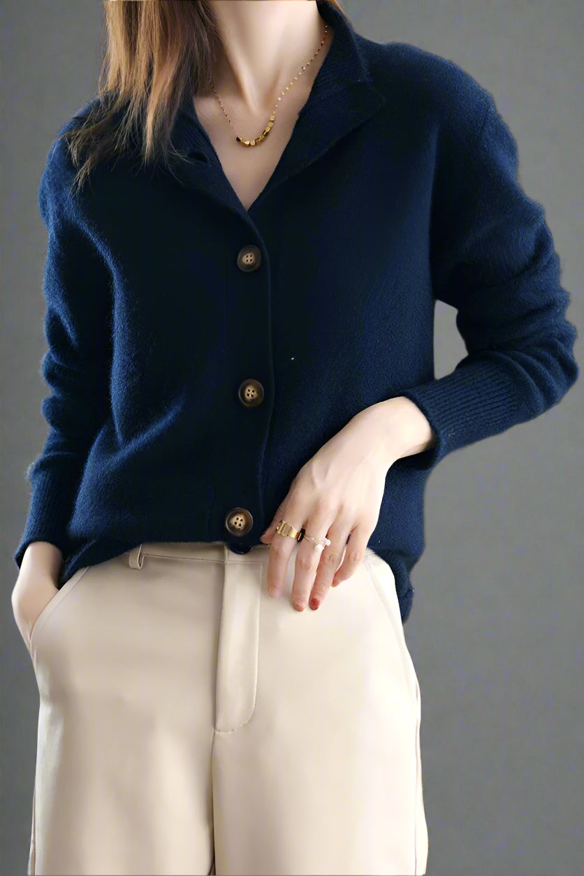 Women’s Button Cardigan – Soft Polyester Knit with Half-High Neck
