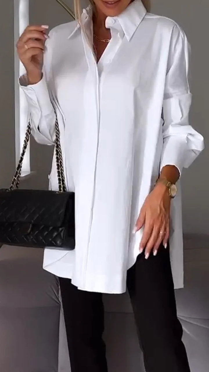 Women’s Oversized White Shirt – Relaxed Polyester Button-Down Blouse