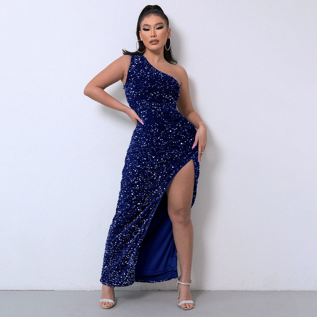 Stylish One-Shoulder Sequin Gown with Dramatic High Slit