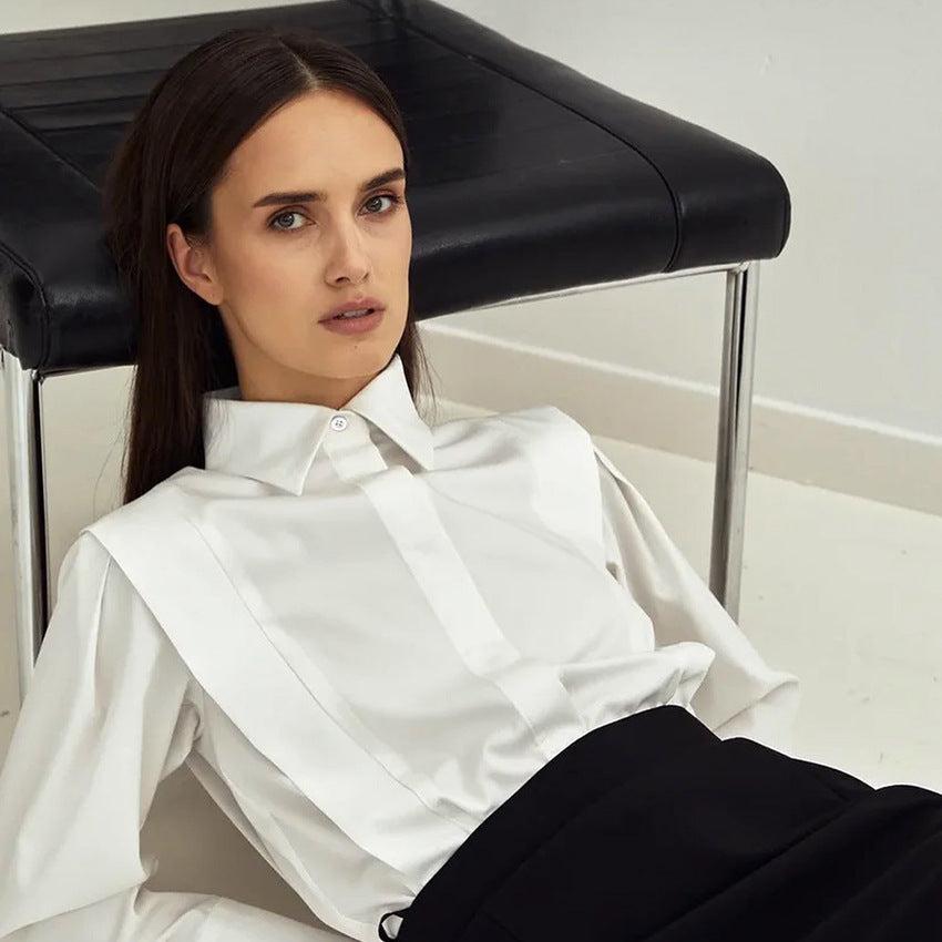Women’s White Formal Blouse – Tailored Polyester Button-Down Shirt for Work