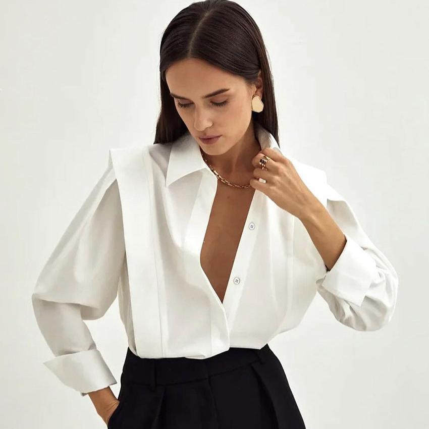 Women’s White Formal Blouse – Tailored Polyester Button-Down Shirt for Work