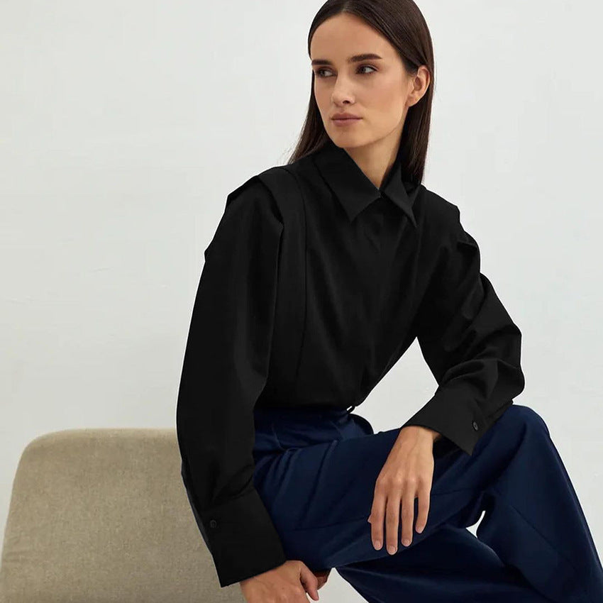 Women’s White Formal Blouse – Tailored Polyester Button-Down Shirt for Work
