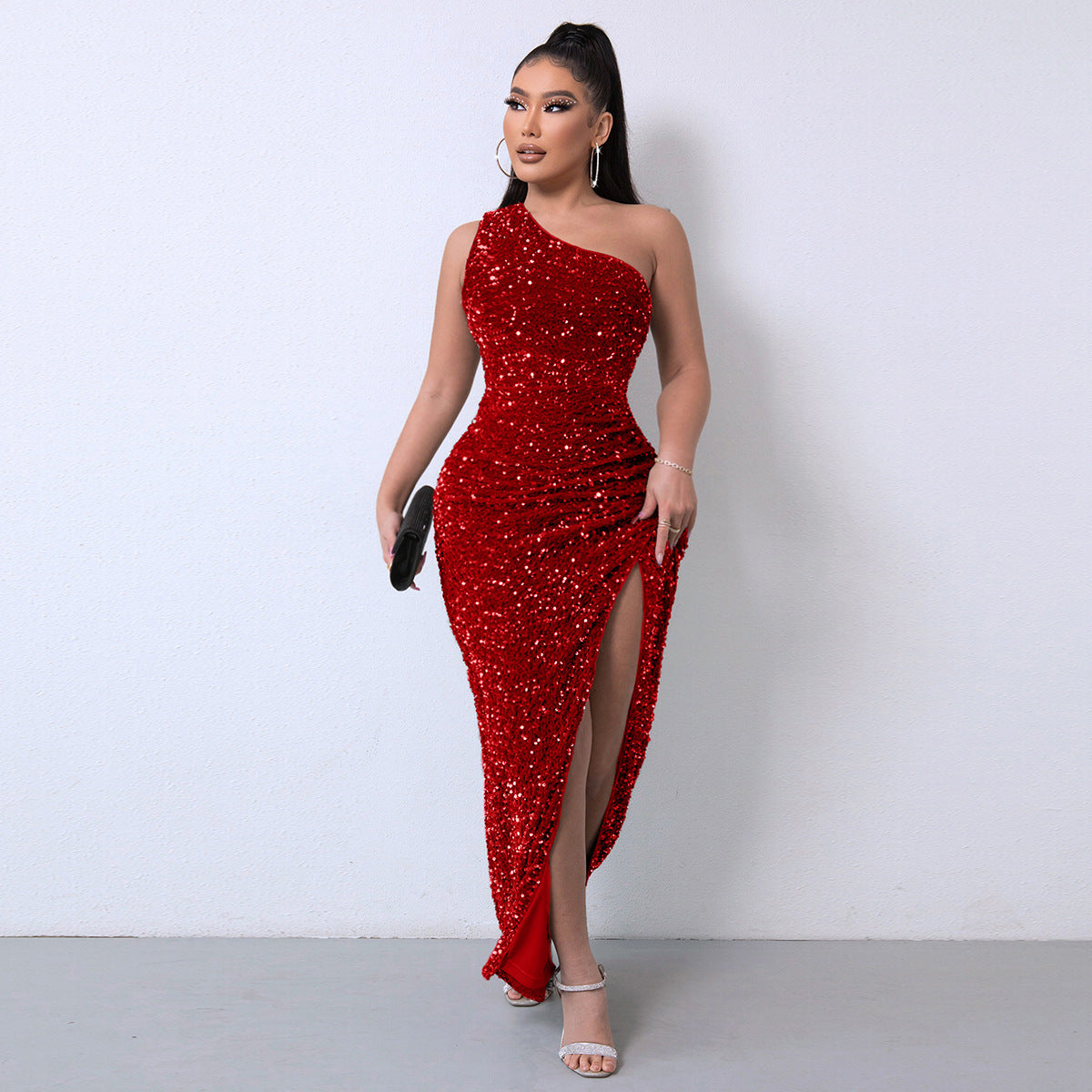 Stylish One-Shoulder Sequin Gown with Dramatic High Slit