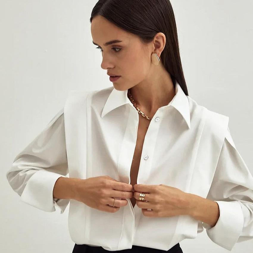 Women’s White Formal Blouse – Tailored Polyester Button-Down Shirt for Work