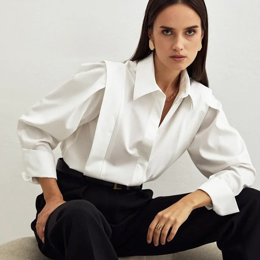 Women’s White Formal Blouse – Tailored Polyester Button-Down Shirt for Work