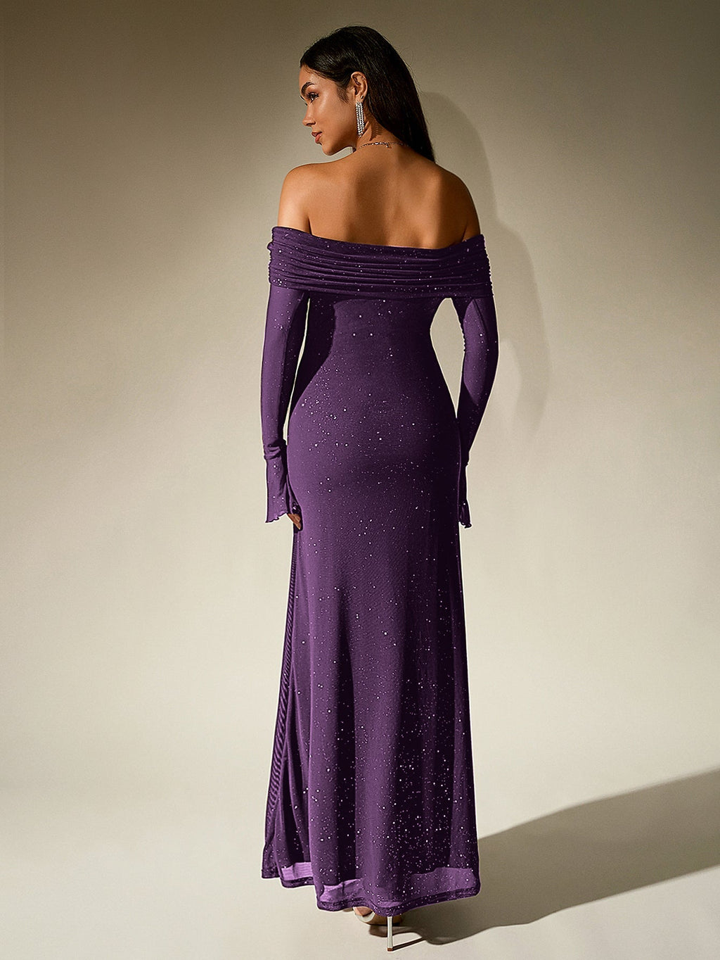 Off Shoulder Mesh Sequin Maxi Dress – Sparkly Slim Fit with Flounce Sleeves