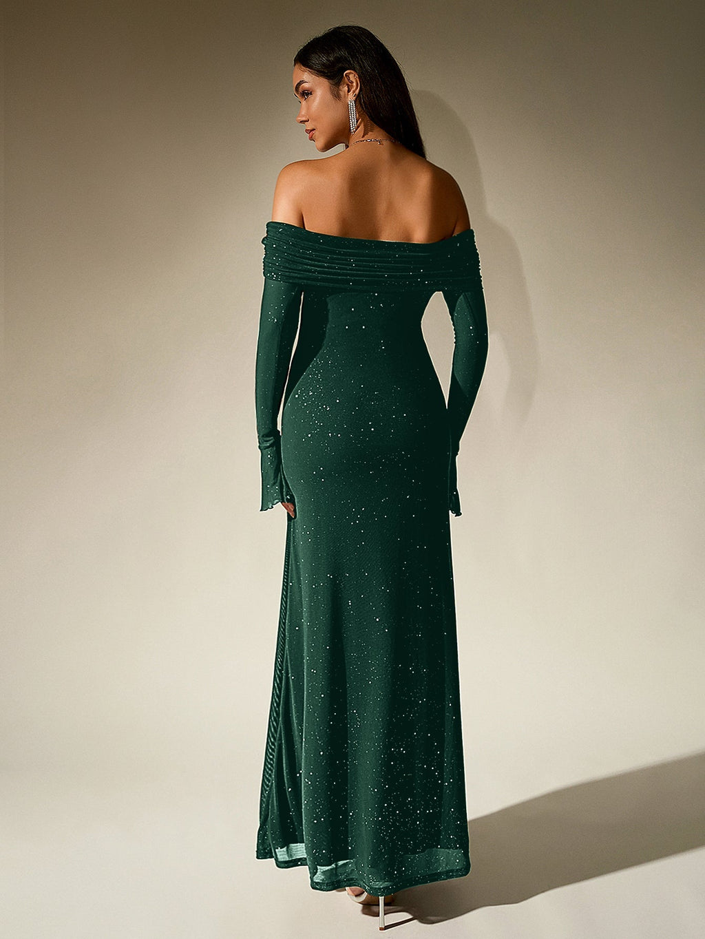 Off Shoulder Mesh Sequin Maxi Dress – Sparkly Slim Fit with Flounce Sleeves