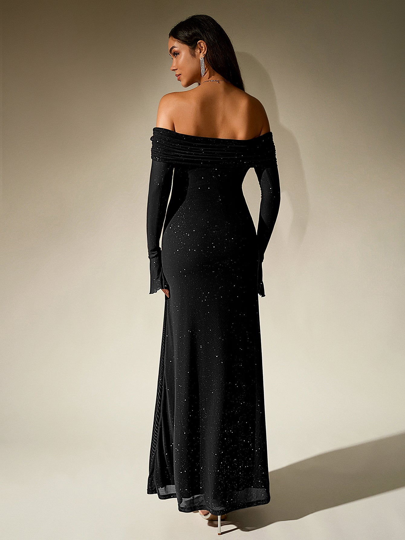 Off Shoulder Mesh Sequin Maxi Dress – Sparkly Slim Fit with Flounce Sleeves