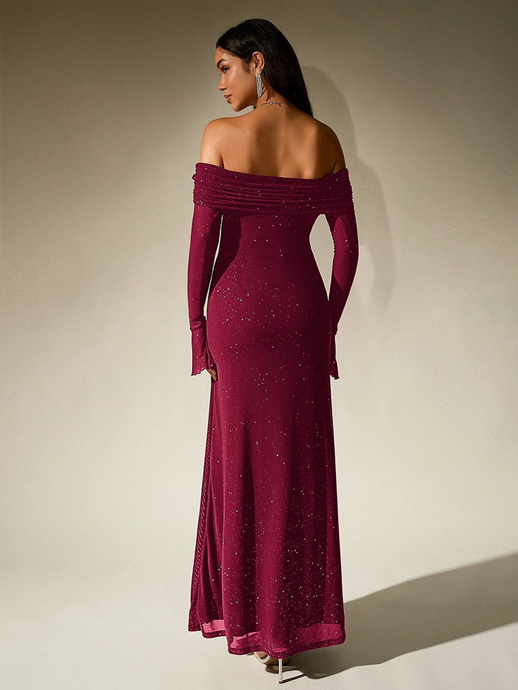 Off Shoulder Mesh Sequin Maxi Dress – Sparkly Slim Fit with Flounce Sleeves