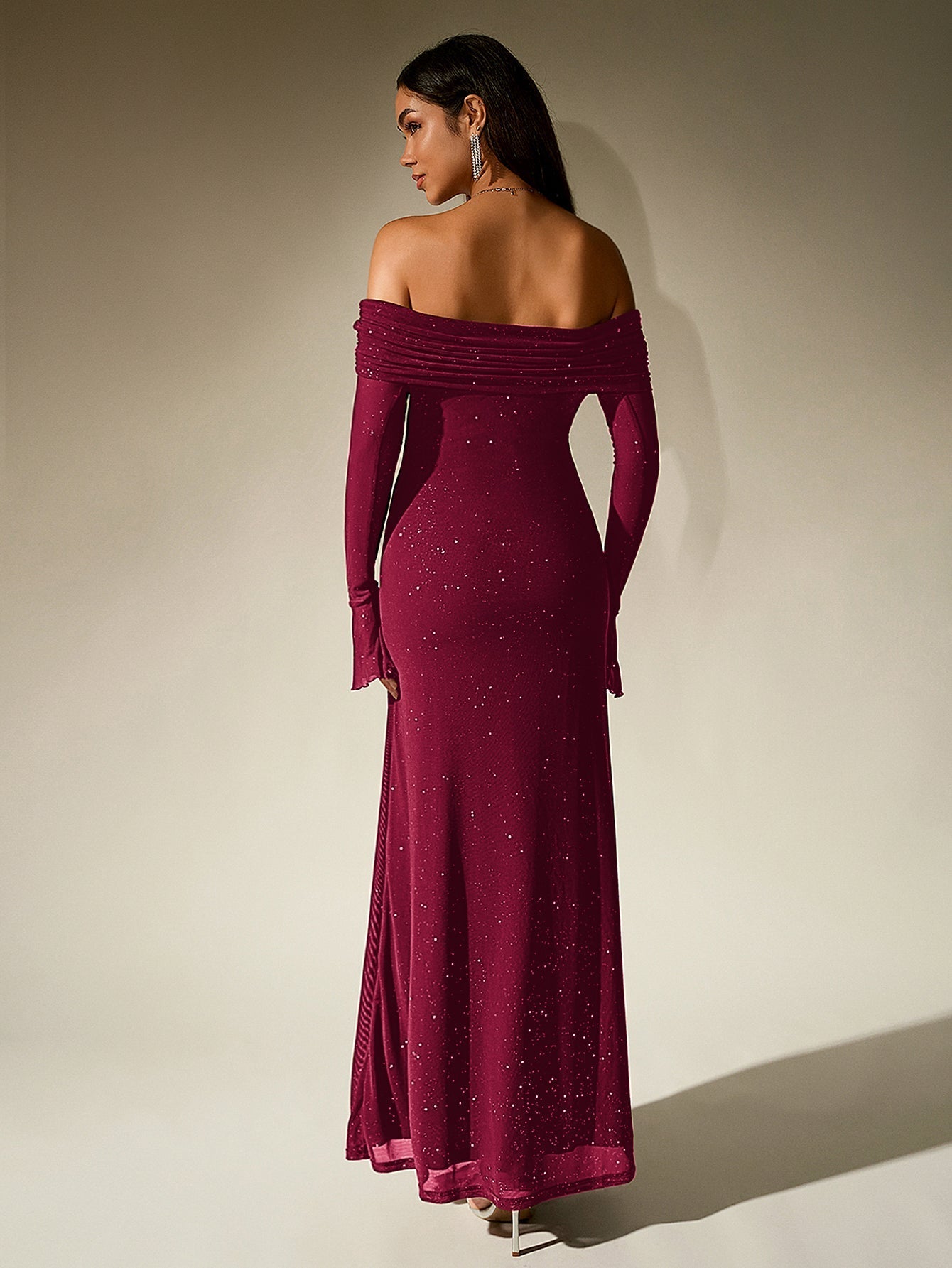 Off Shoulder Mesh Sequin Maxi Dress – Sparkly Slim Fit with Flounce Sleeves