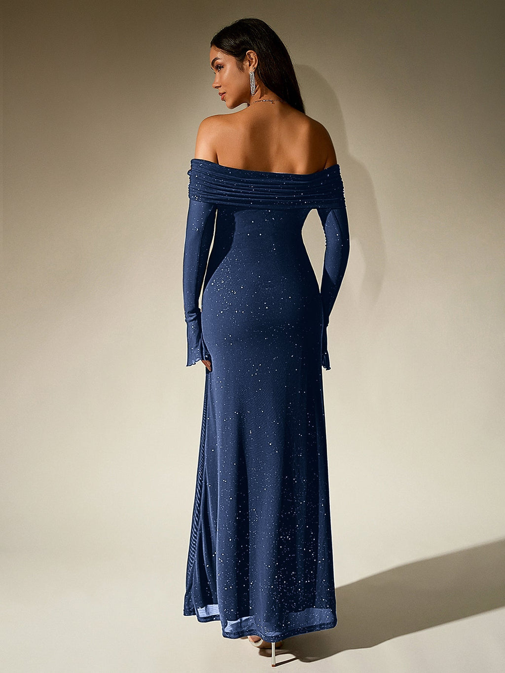 Off Shoulder Mesh Sequin Maxi Dress – Sparkly Slim Fit with Flounce Sleeves
