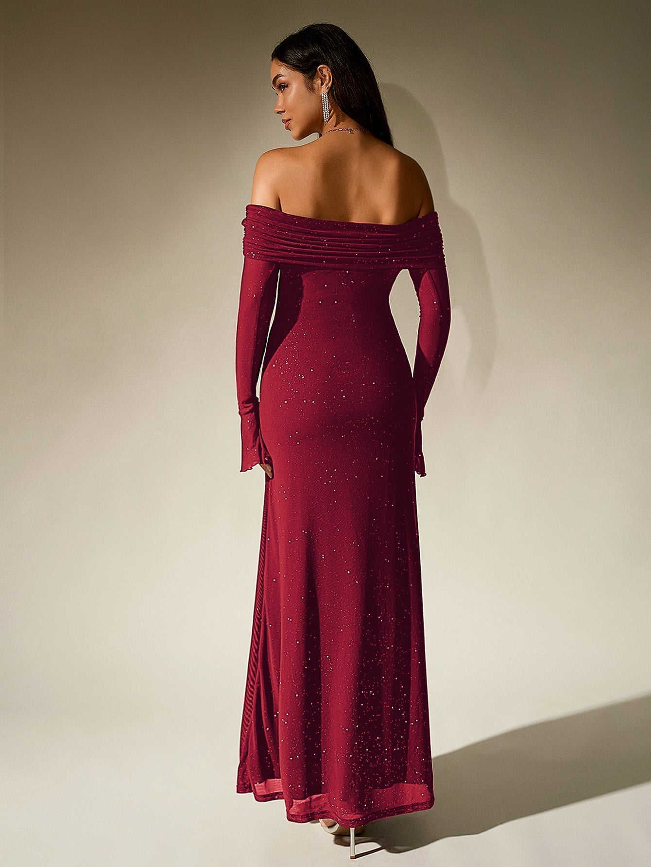 Off Shoulder Mesh Sequin Maxi Dress – Sparkly Slim Fit with Flounce Sleeves