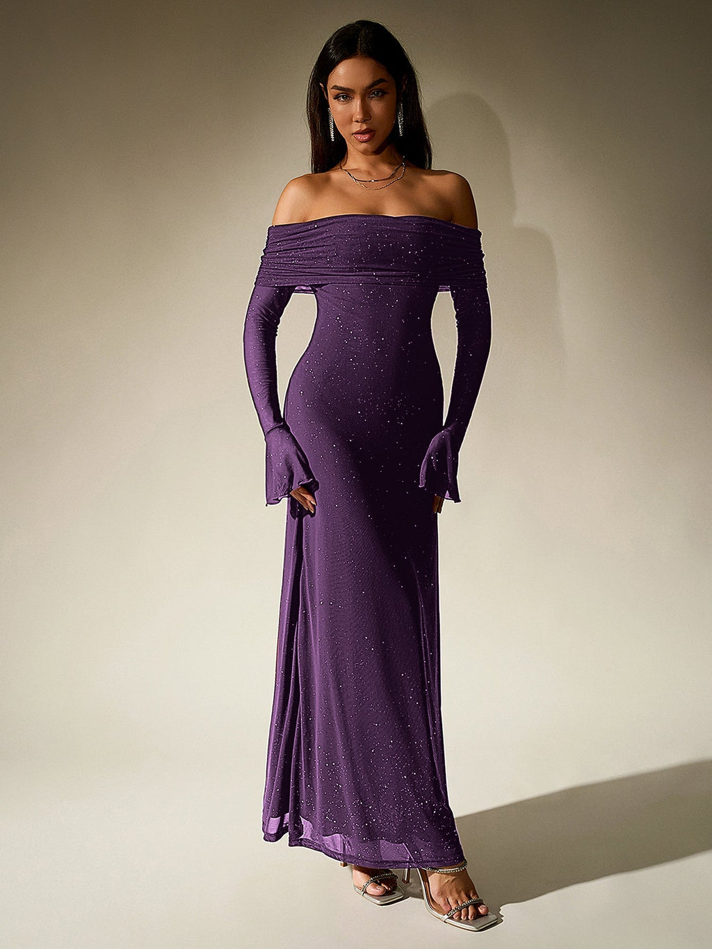 Off Shoulder Mesh Sequin Maxi Dress – Sparkly Slim Fit with Flounce Sleeves