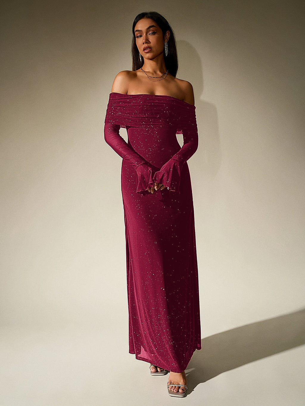 Off Shoulder Mesh Sequin Maxi Dress – Sparkly Slim Fit with Flounce Sleeves