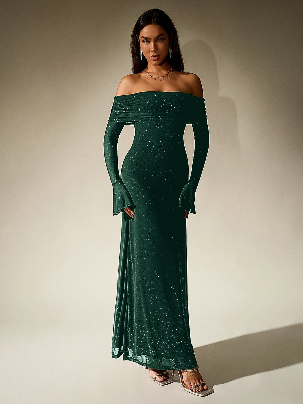 Off Shoulder Mesh Sequin Maxi Dress – Sparkly Slim Fit with Flounce Sleeves