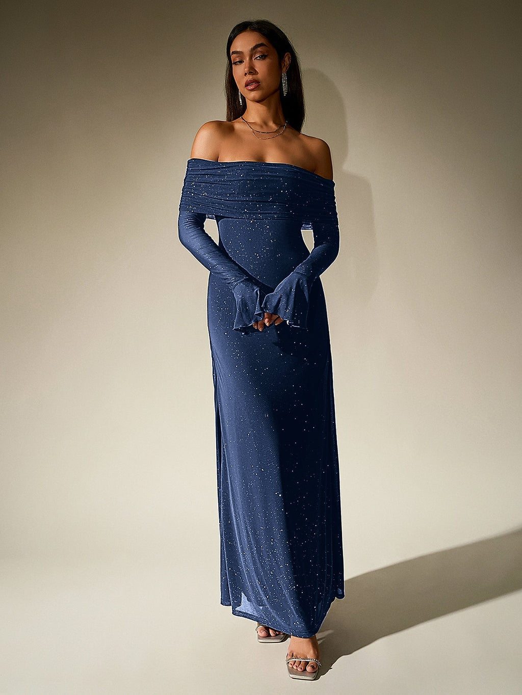 Off Shoulder Mesh Sequin Maxi Dress – Sparkly Slim Fit with Flounce Sleeves