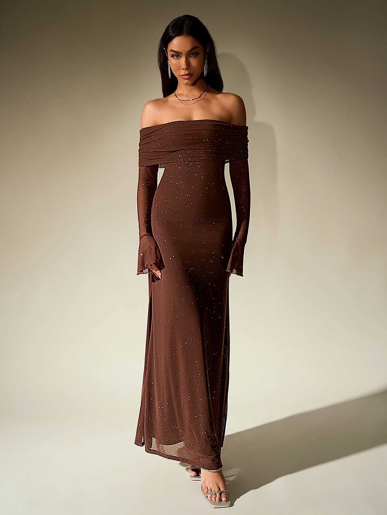 Off Shoulder Mesh Sequin Maxi Dress – Sparkly Slim Fit with Flounce Sleeves