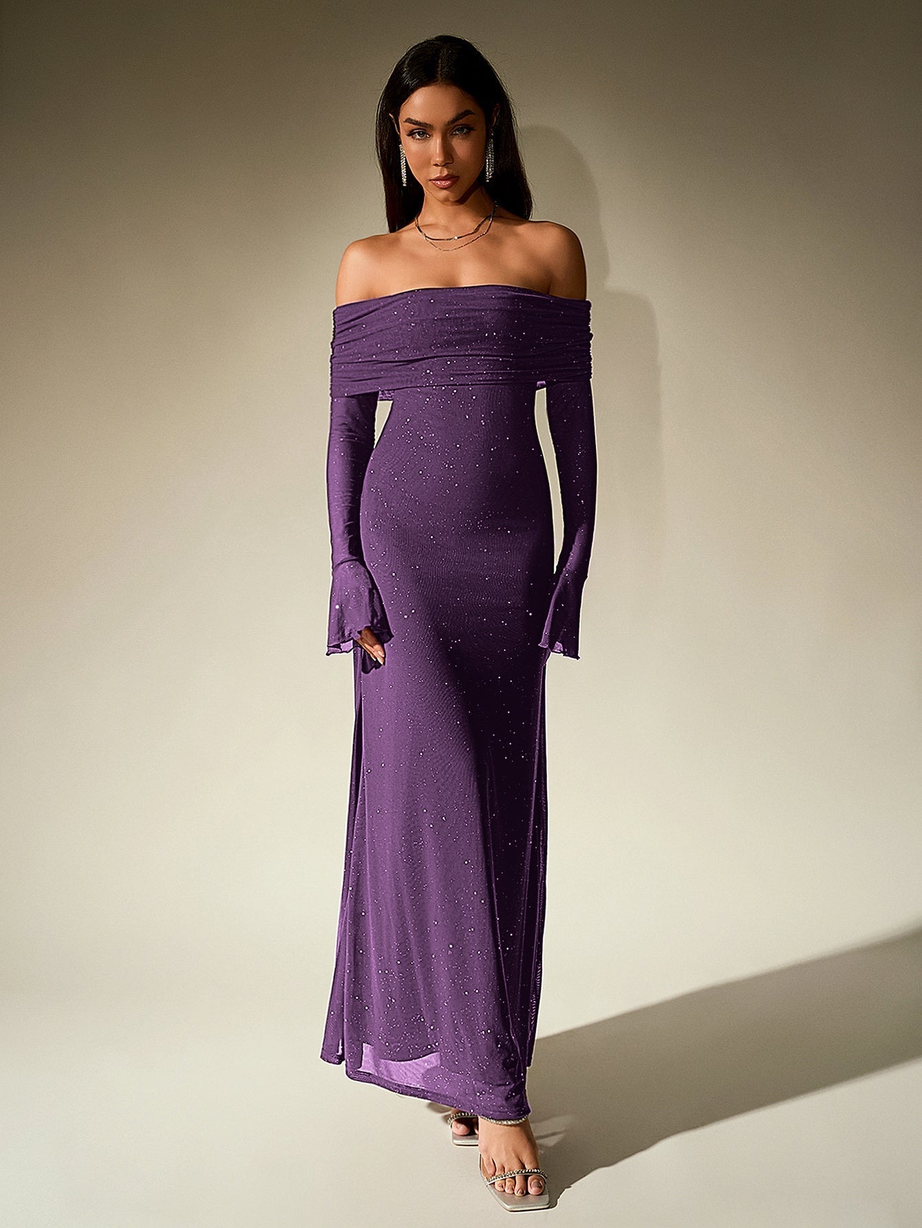 Off Shoulder Mesh Sequin Maxi Dress – Sparkly Slim Fit with Flounce Sleeves