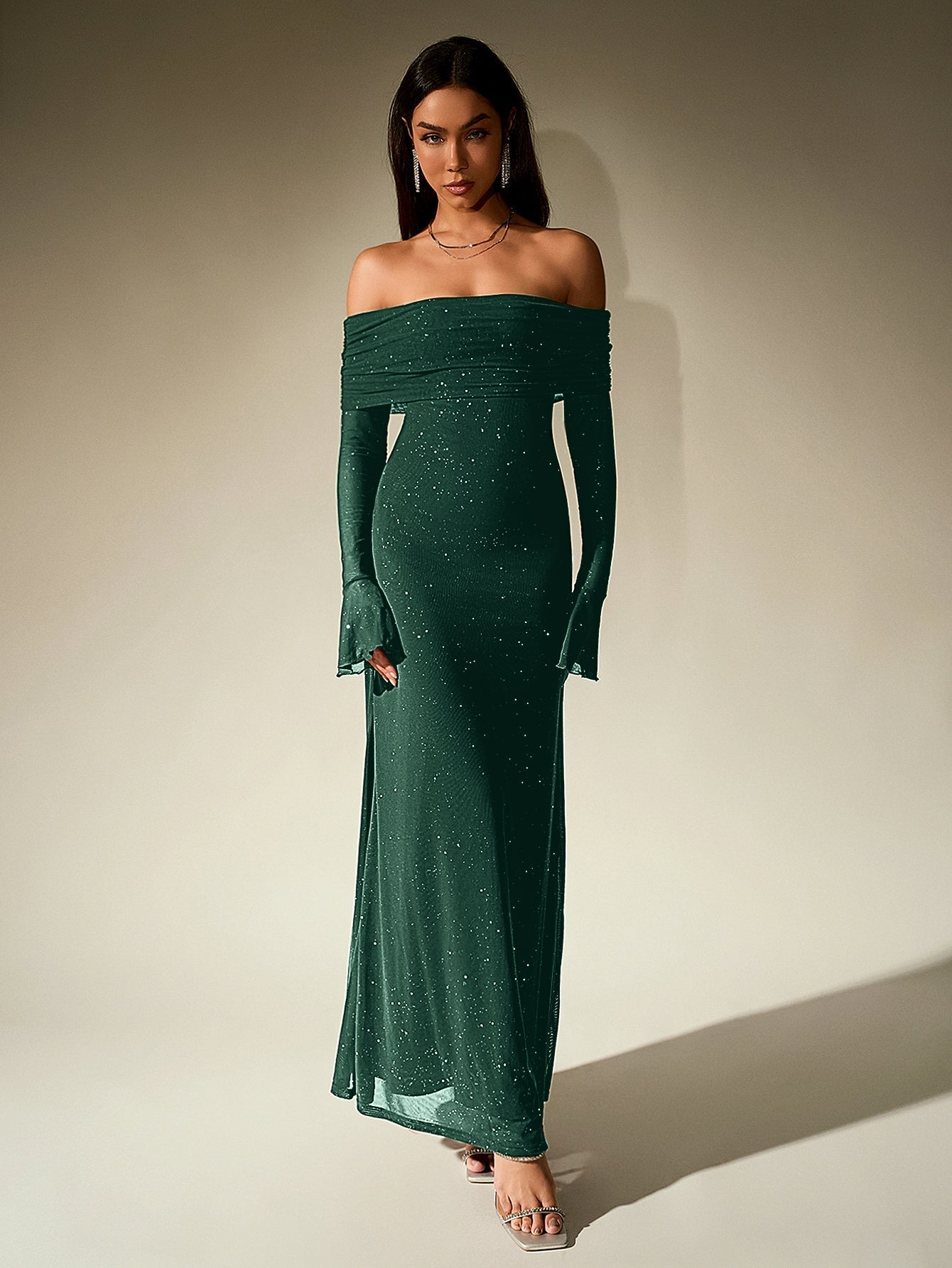 Off Shoulder Mesh Sequin Maxi Dress – Sparkly Slim Fit with Flounce Sleeves