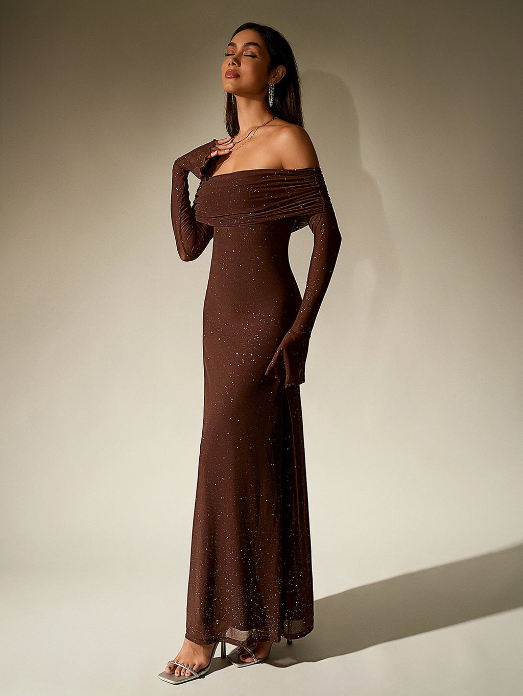 Off Shoulder Mesh Sequin Maxi Dress – Sparkly Slim Fit with Flounce Sleeves