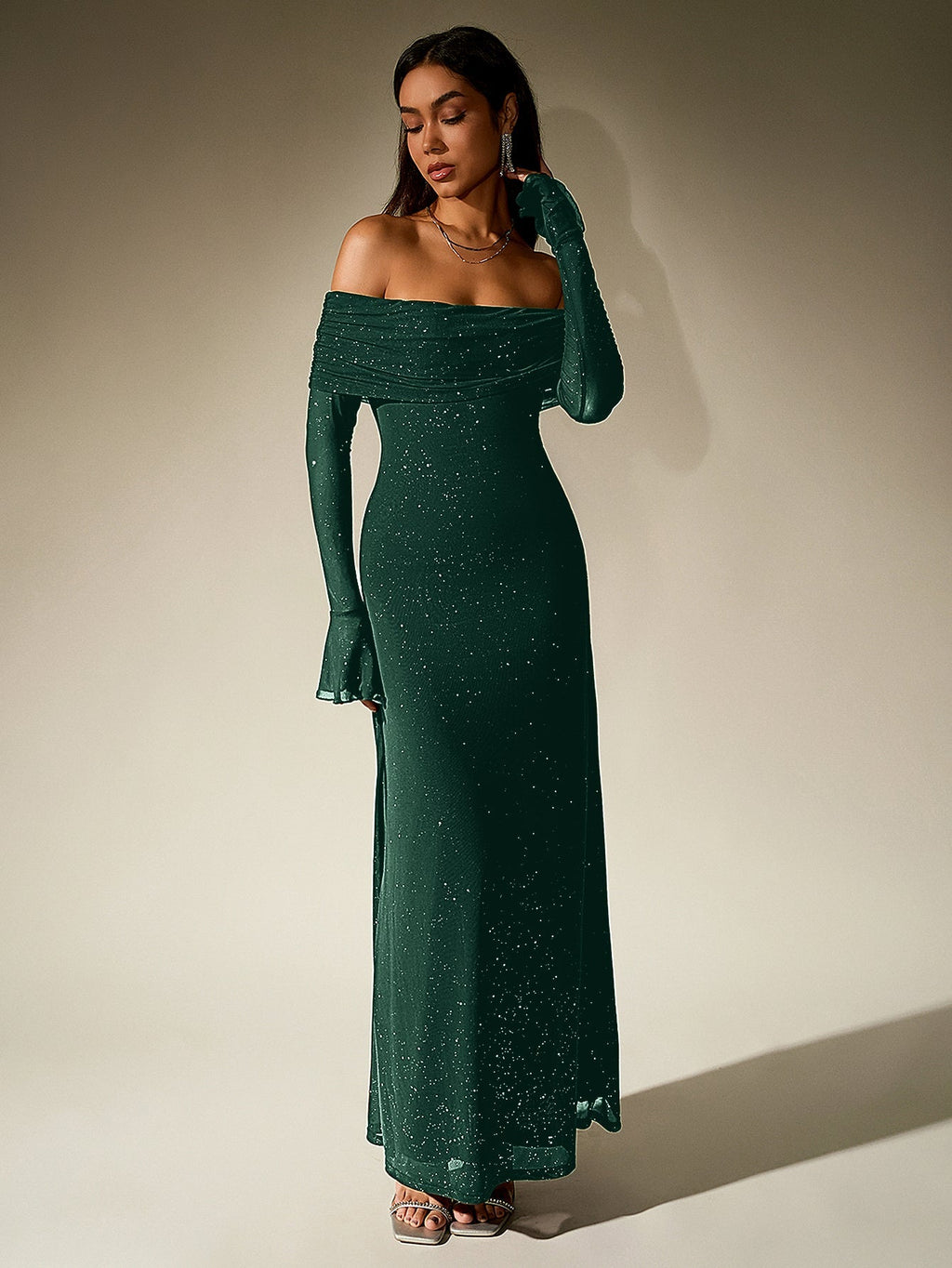 Off Shoulder Mesh Sequin Maxi Dress – Sparkly Slim Fit with Flounce Sleeves