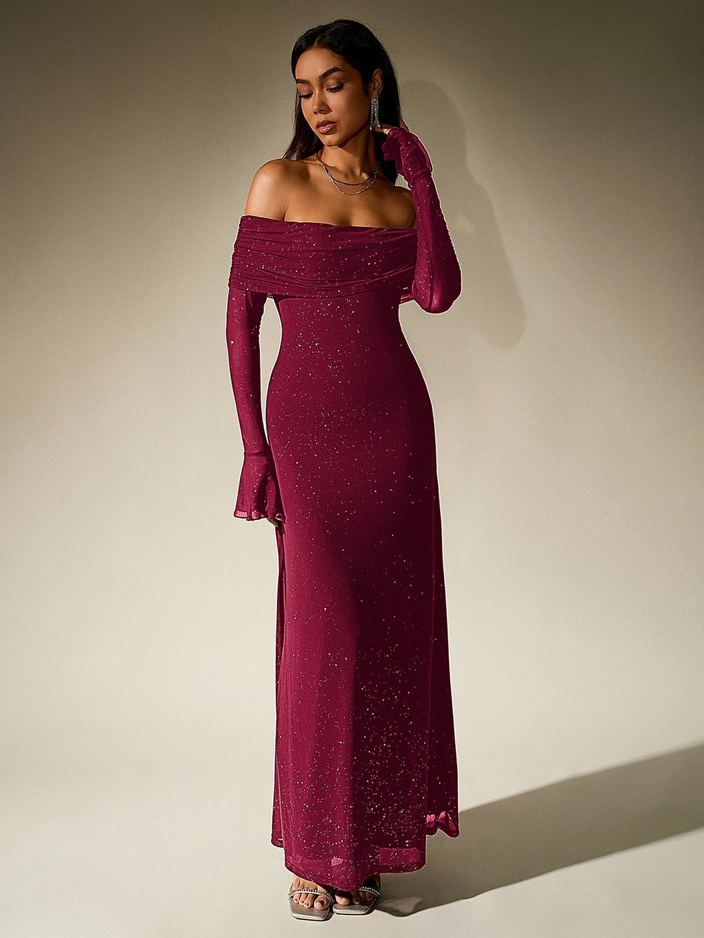 Off Shoulder Mesh Sequin Maxi Dress – Sparkly Slim Fit with Flounce Sleeves