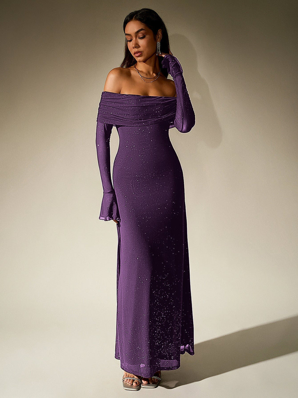 Off Shoulder Mesh Sequin Maxi Dress – Sparkly Slim Fit with Flounce Sleeves