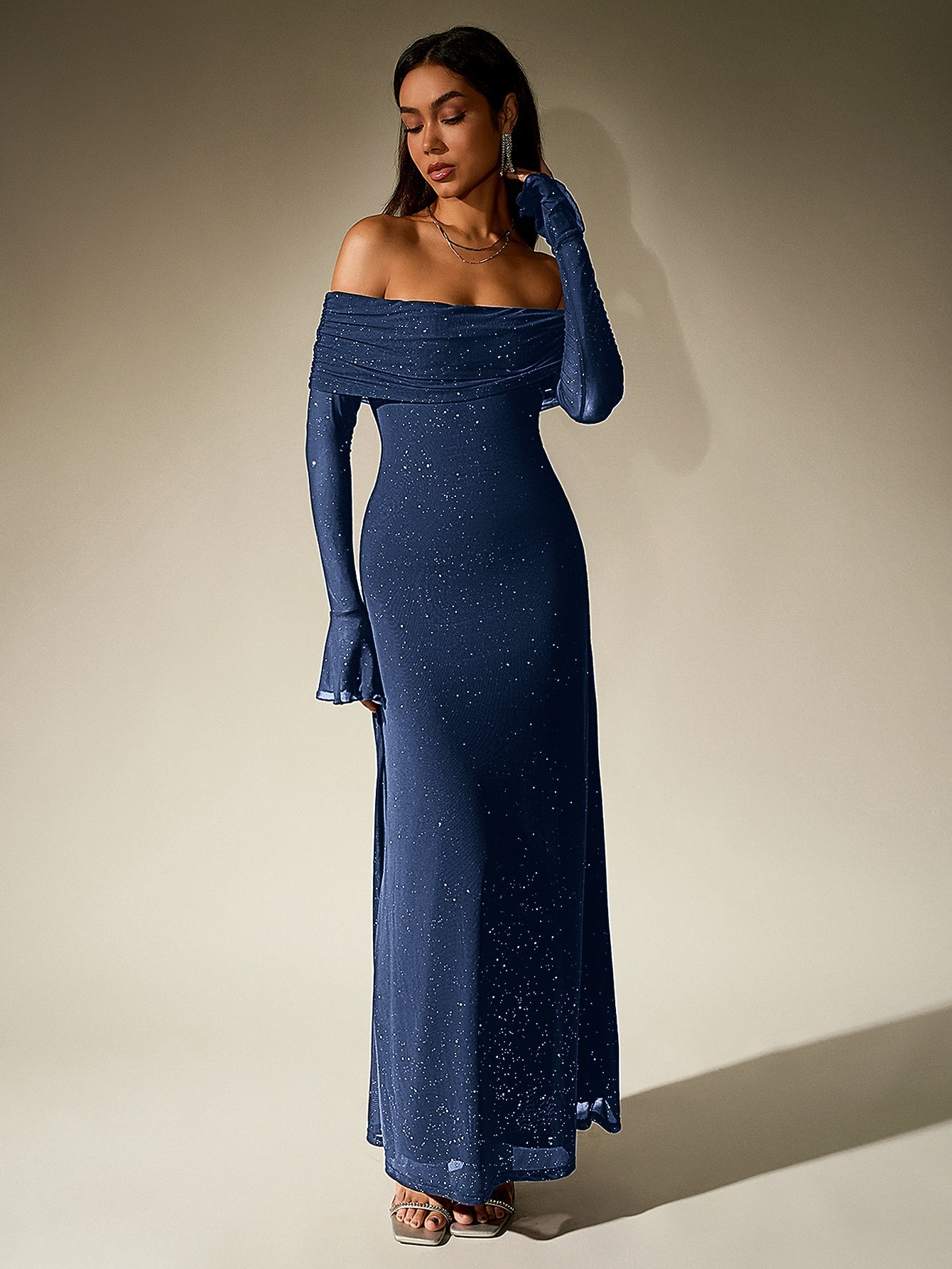 Off Shoulder Mesh Sequin Maxi Dress – Sparkly Slim Fit with Flounce Sleeves