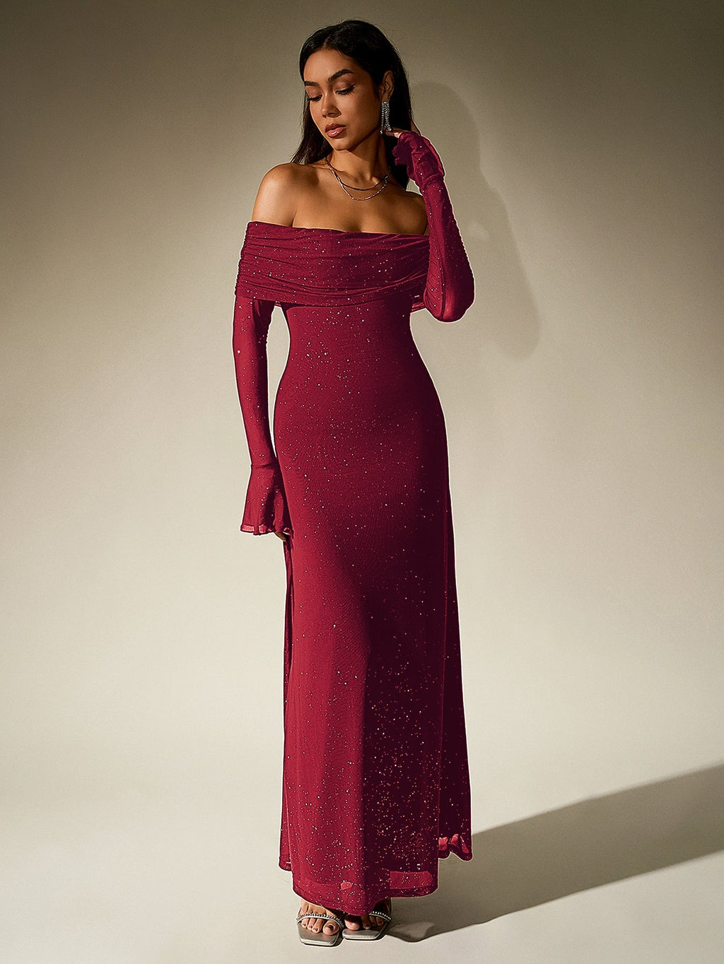 Off Shoulder Mesh Sequin Maxi Dress – Sparkly Slim Fit with Flounce Sleeves