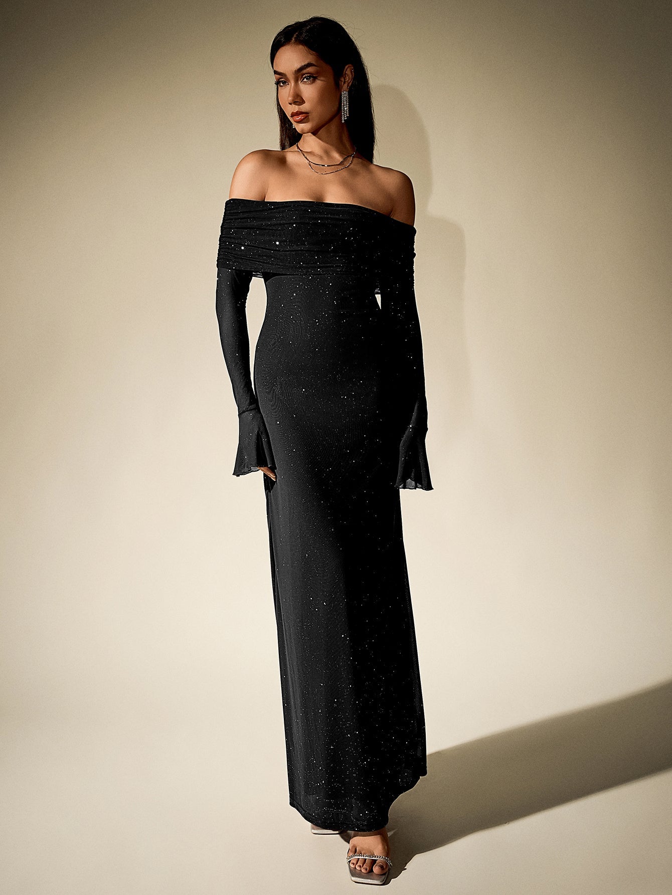 Off Shoulder Mesh Sequin Maxi Dress – Sparkly Slim Fit with Flounce Sleeves