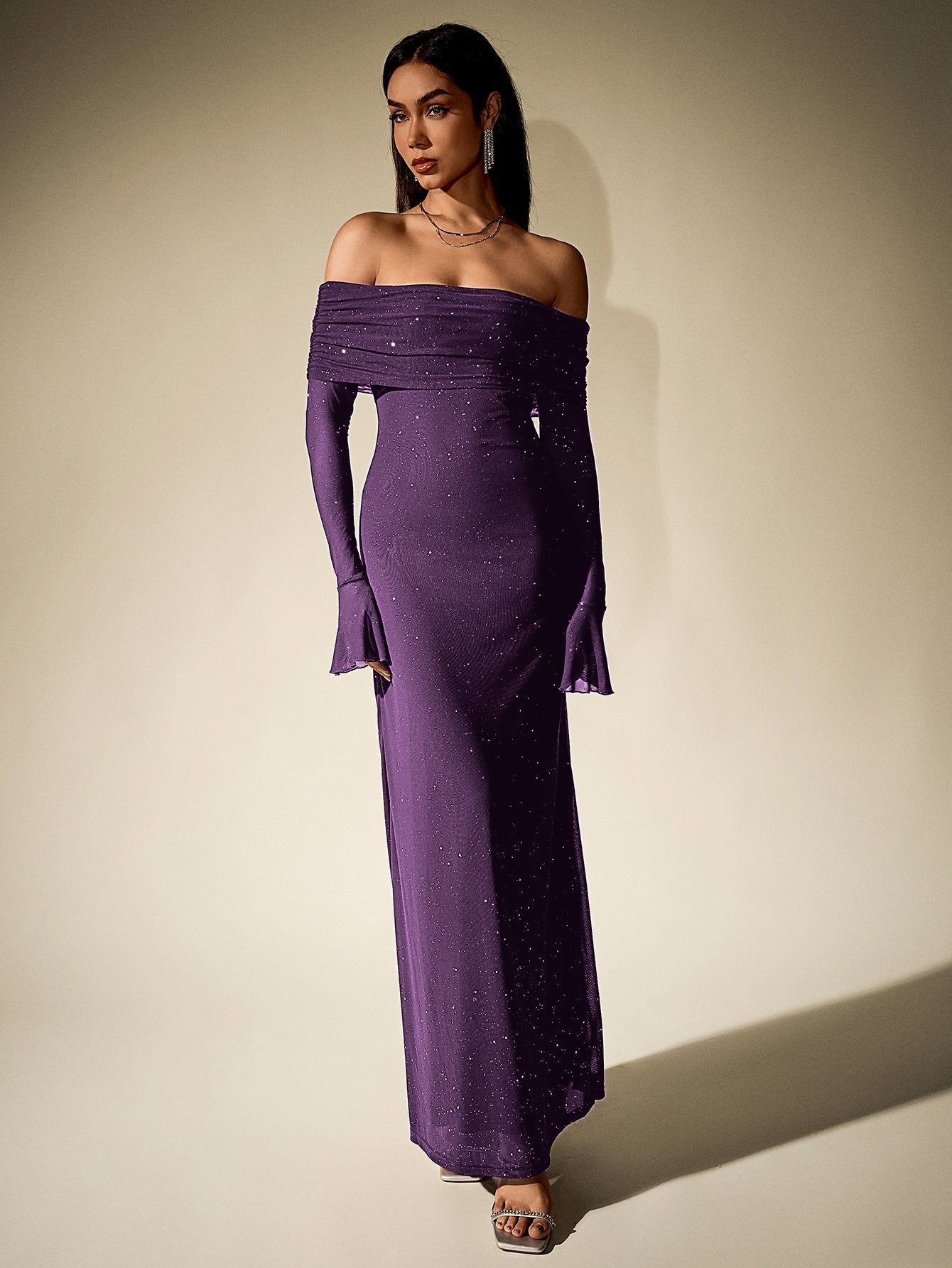 Off Shoulder Mesh Sequin Maxi Dress – Sparkly Slim Fit with Flounce Sleeves