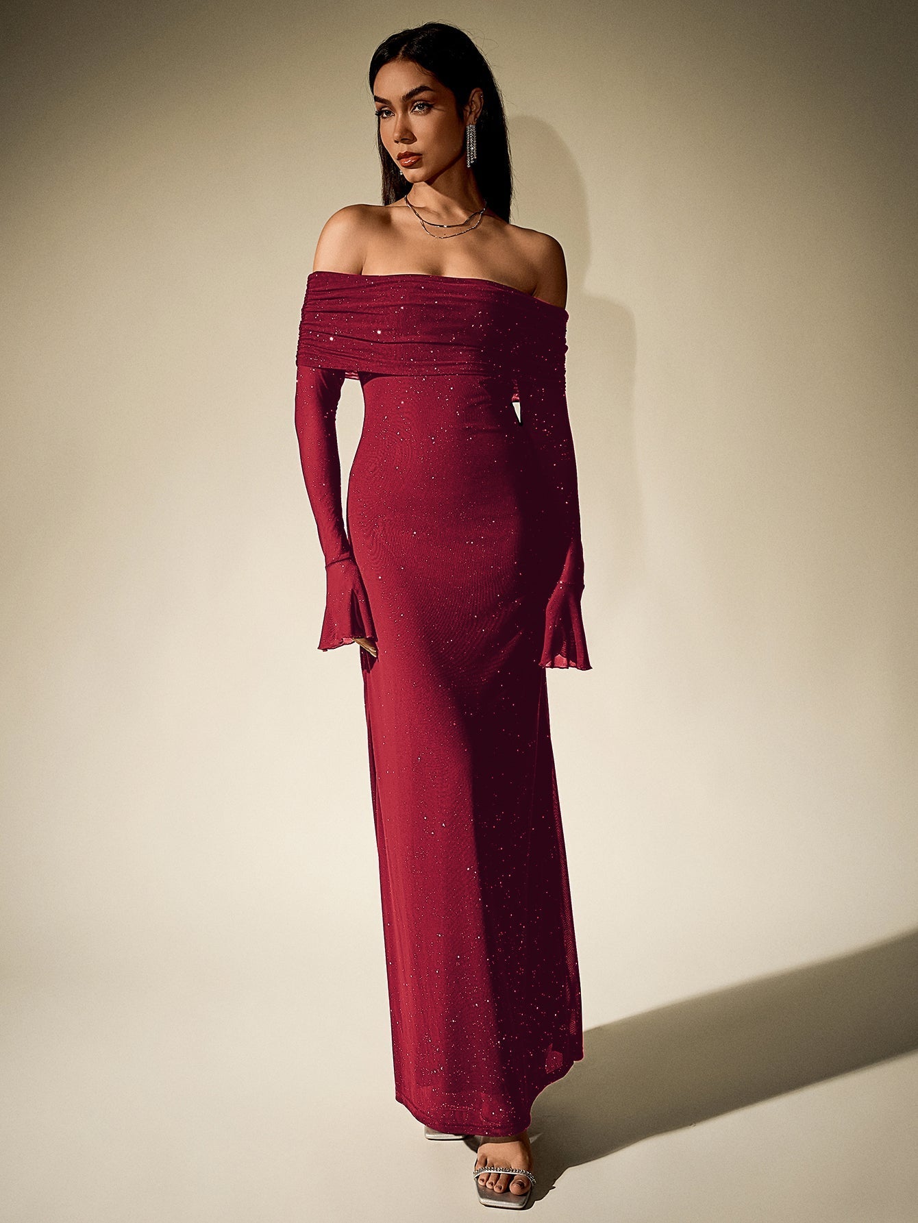 Off Shoulder Mesh Sequin Maxi Dress – Sparkly Slim Fit with Flounce Sleeves