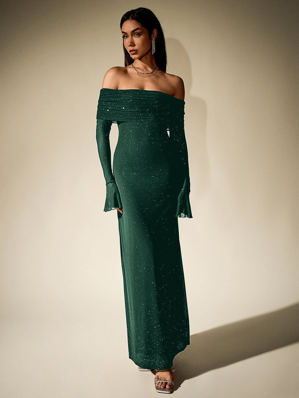 Off Shoulder Mesh Sequin Maxi Dress – Sparkly Slim Fit with Flounce Sleeves