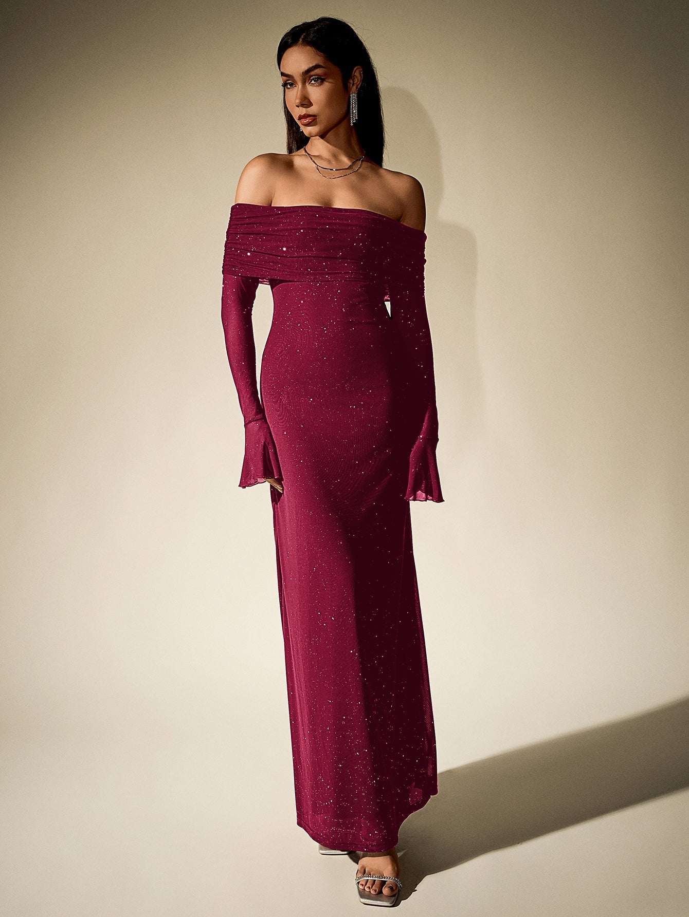 Off Shoulder Mesh Sequin Maxi Dress – Sparkly Slim Fit with Flounce Sleeves