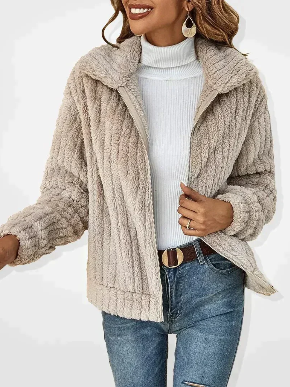 Soft Teddy Fleece Cardigan – Cozy Zip-Up Plush Layer for Effortless Style