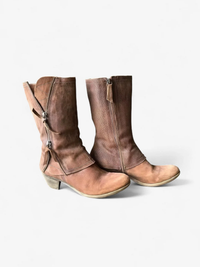 Women’s Brown Leather Mid-Calf Boots – Vintage Zip Block Heel Comfort Boots for Fall & Winter