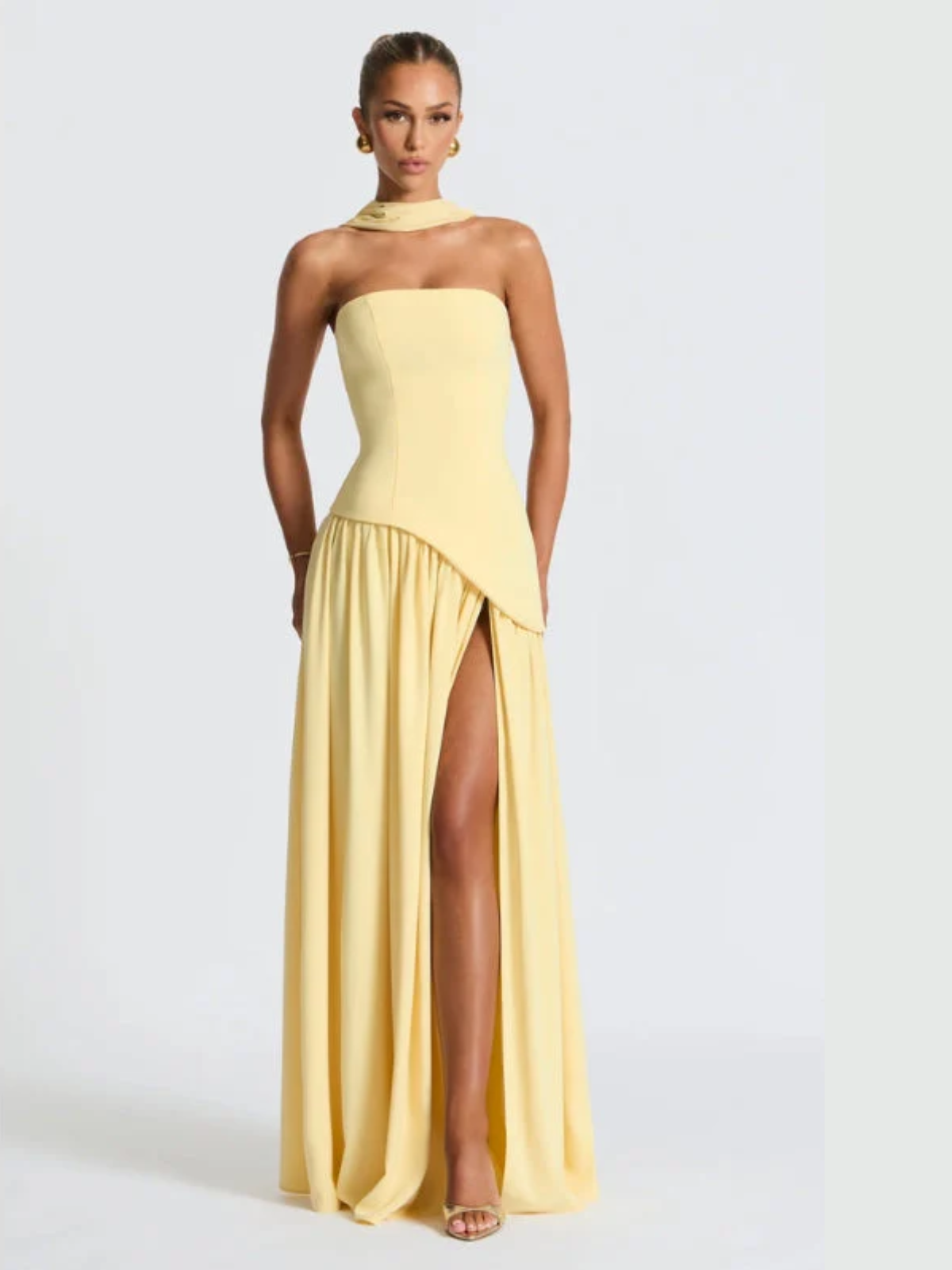 Women’s Strapless Evening Gown – Asymmetric Maxi Dress with High Slit