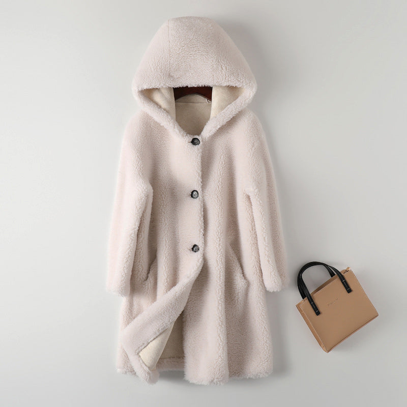 Oversized Cream-White Teddy Coat for Women – Warm Winter Outerwear with Spacious Hood and Large Buttons