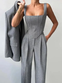Women’s 3 Piece Suit Set – Tailored Blazer, Corset Top & High Waisted Trousers