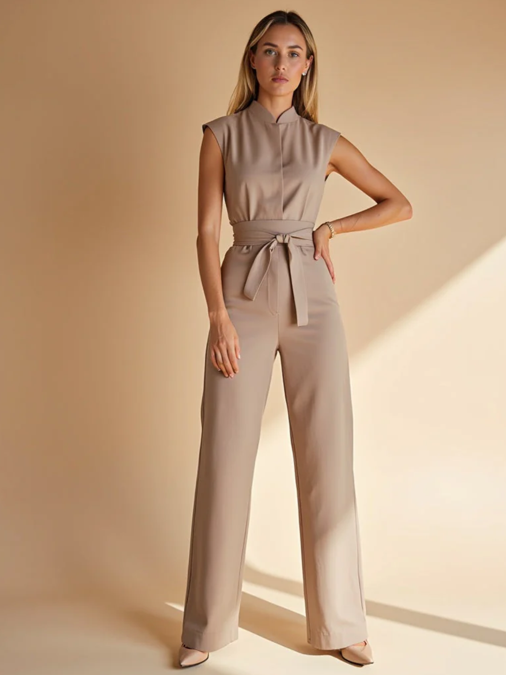 Women’s Wide Leg Jumpsuit – High Neck Belted Full Length One Piece