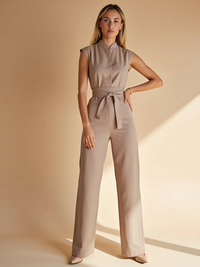 Women’s Wide Leg Jumpsuit – High Neck Belted Full Length One Piece