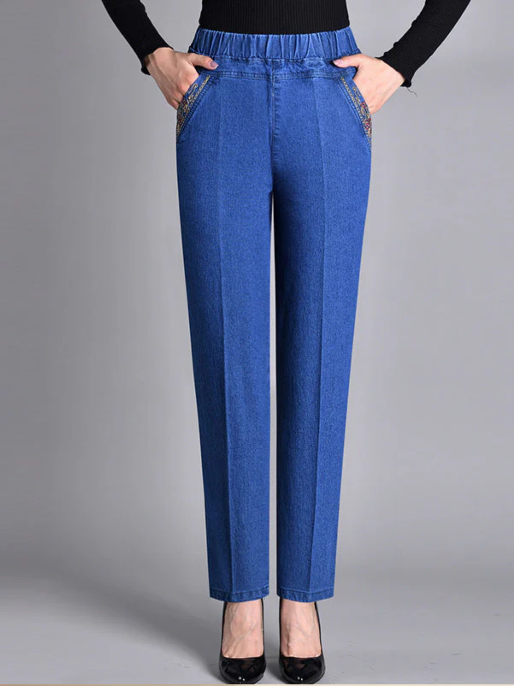 Women’s Straight Leg Jeans – Elastic Waist Polyester Blend Denim for Everyday Comfort