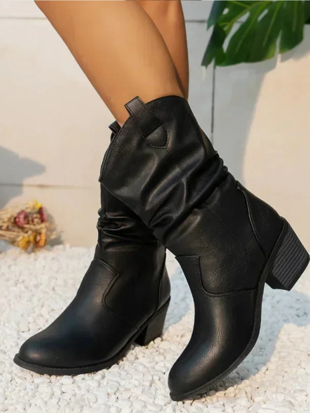 Women’s Mid Calf Western Boots – Slouchy Cowboy Boots with Block Heel