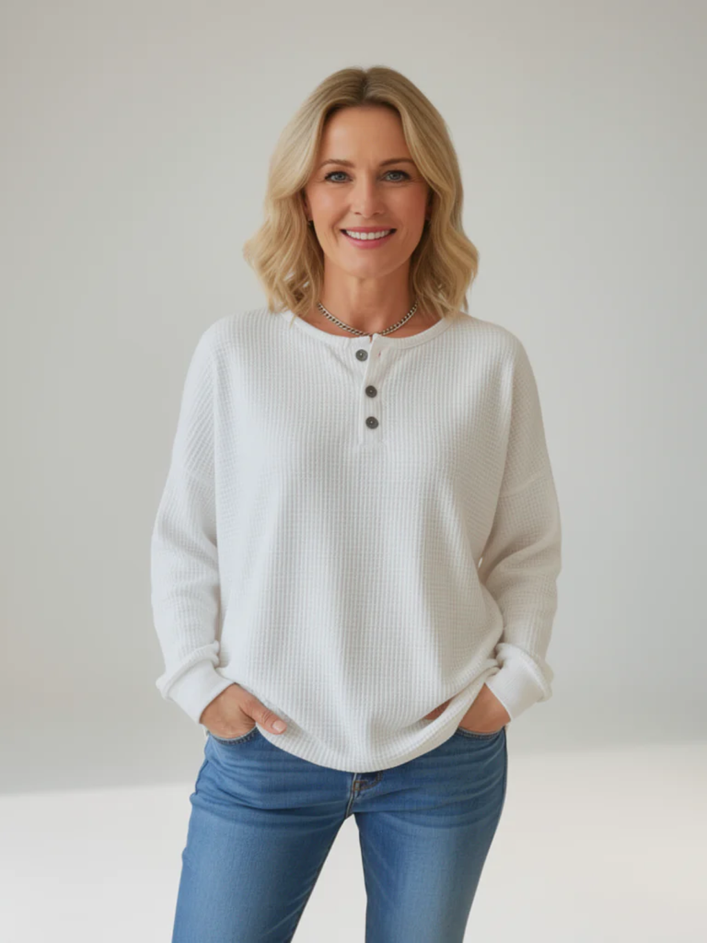 Women’s Waffle Knit Henley Top – Oversized Long Sleeve Cotton Shirt